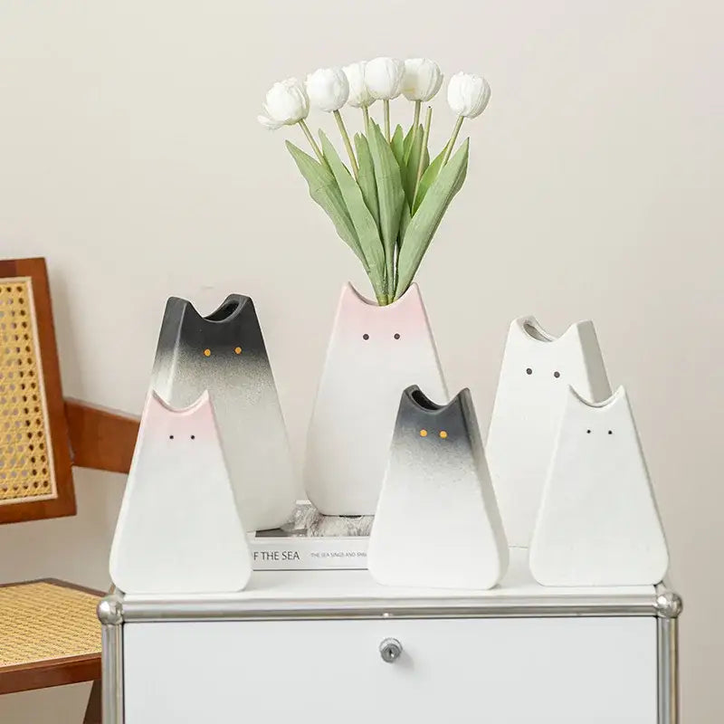 Charming white & gray cat ceramic vase set living room decor