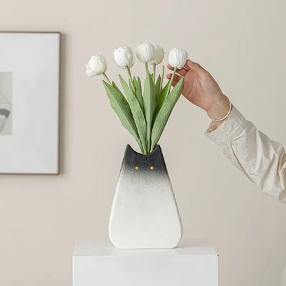Charming white & gray cat ceramic vase set living room decor