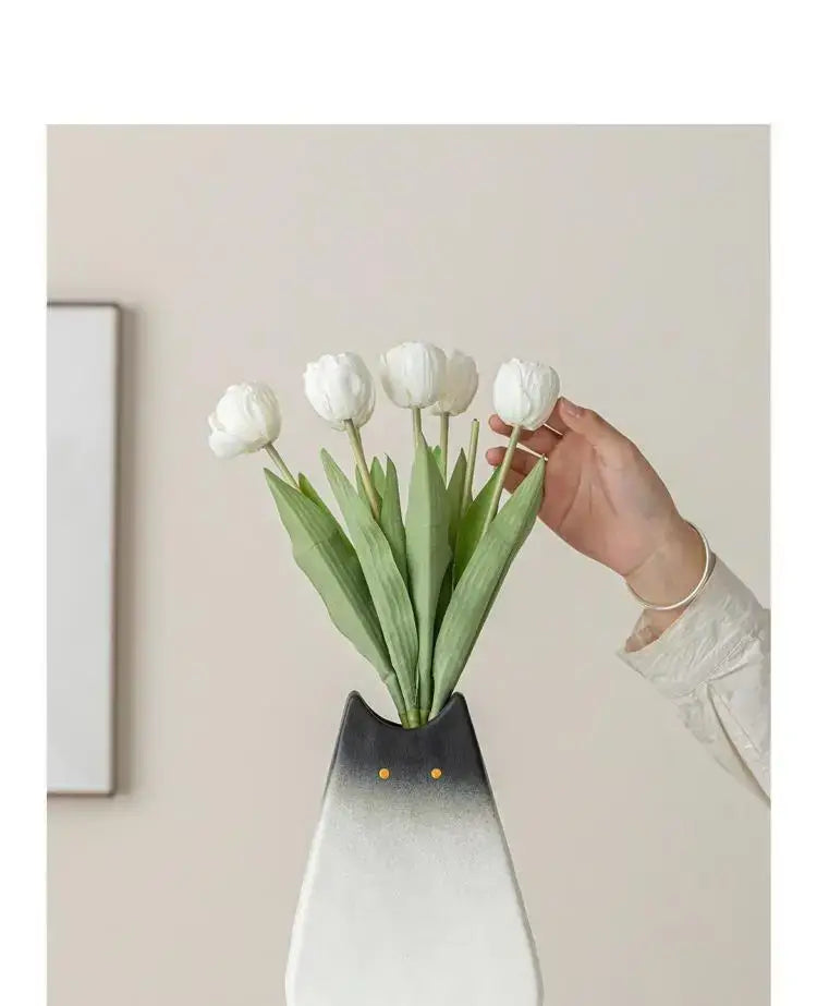 Charming white & gray cat ceramic vase set living room decor