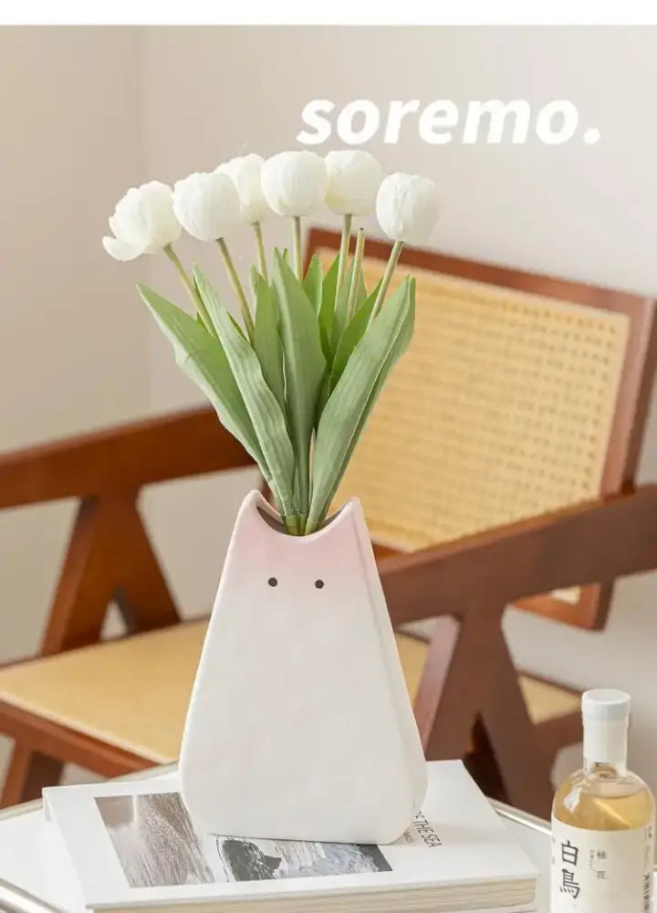 Charming white & gray cat ceramic vase set living room decor