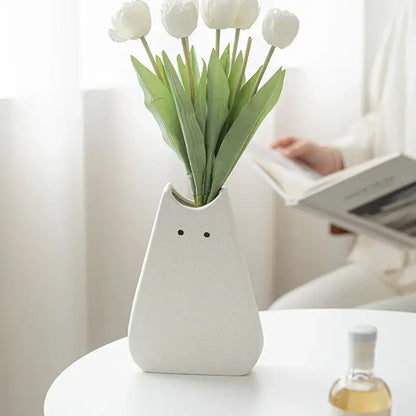 Charming white & gray cat ceramic vase set living room decor