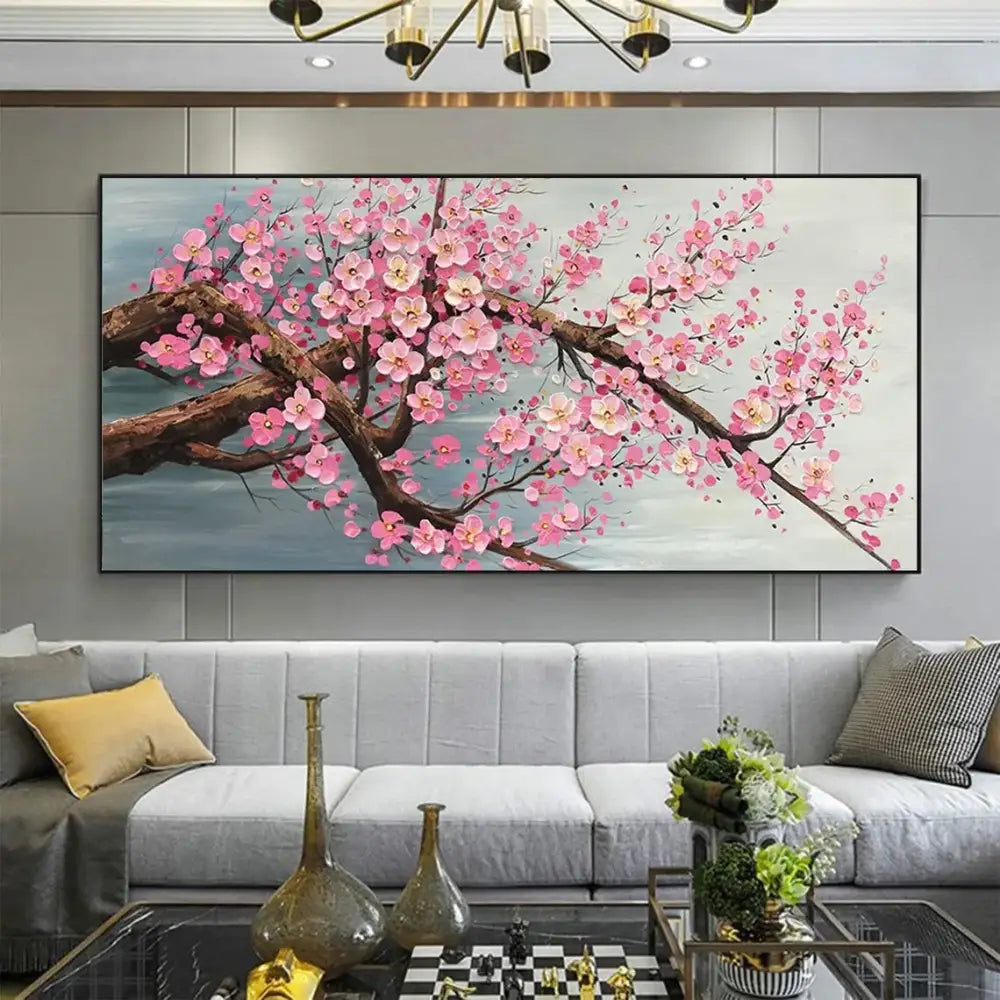 Modern pink cherry blossom canvas art living room framed painting