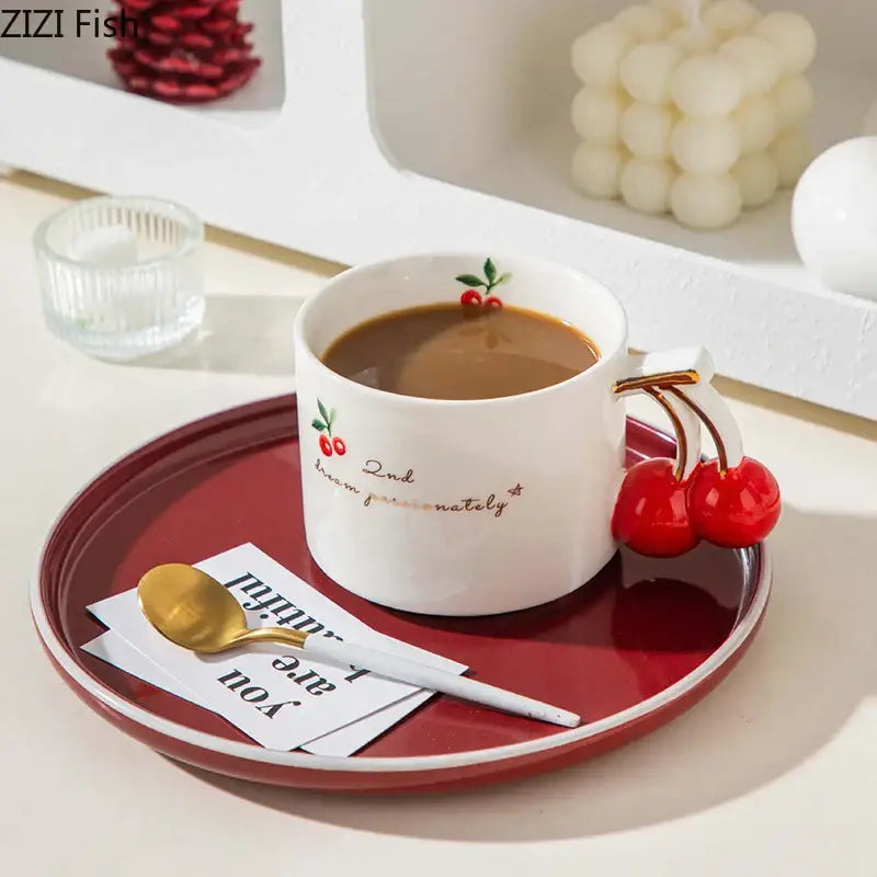 White and gold cherry pattern porcelain coffee mug kitchen teacup
