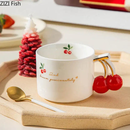 White and gold cherry pattern porcelain coffee mug kitchen teacup
