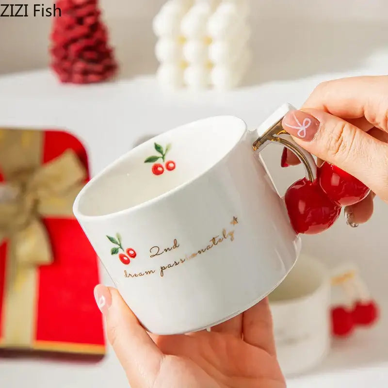 White and gold cherry pattern porcelain coffee mug kitchen teacup
