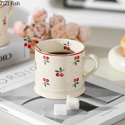 Cream cherry porcelain coffee mug with gold spoon – dining room tableware