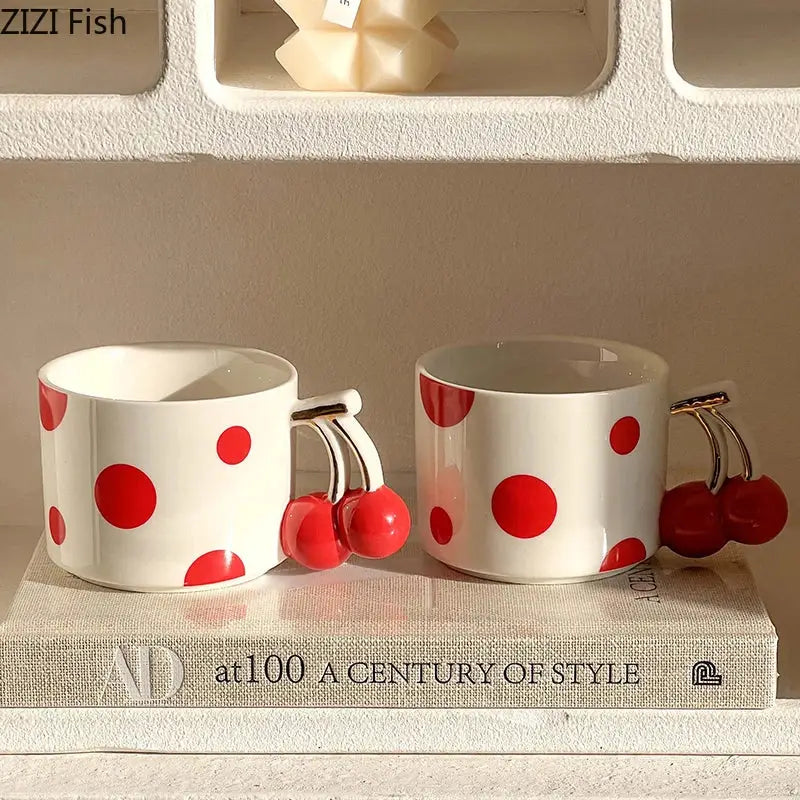 cherry porcelain red polka dot mug kitchen teacup