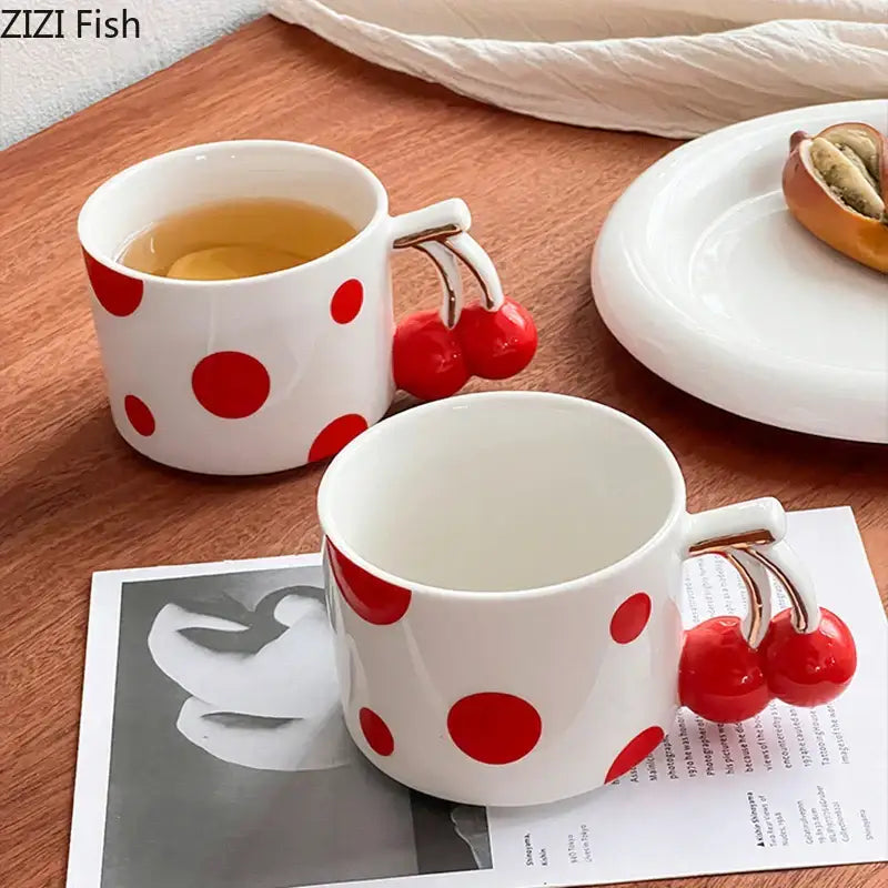 cherry porcelain red polka dot mug kitchen teacup