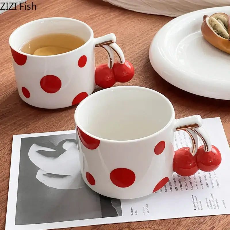 cherry porcelain red polka dot mug kitchen teacup