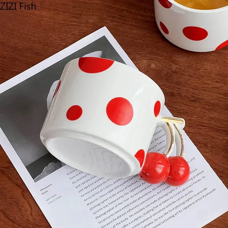 cherry porcelain red polka dot mug kitchen teacup