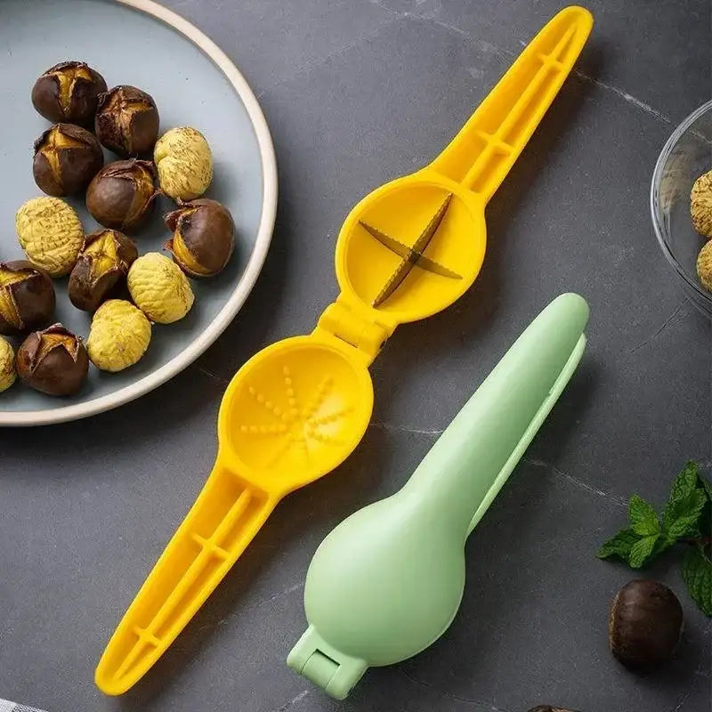 Ergonomic yellow & mint green chestnut clip nutcracker kitchen tool