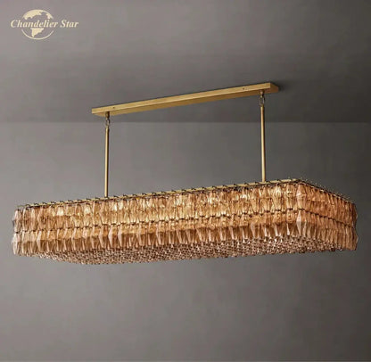 Amber glass and gold linear chandelier dining room light