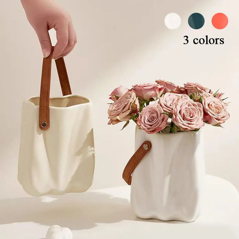 Chic ceramic vase cream textured flower pot living room with handle