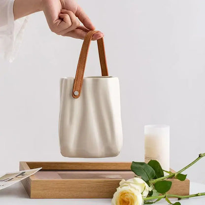 Chic ceramic vase cream textured flower pot living room with handle