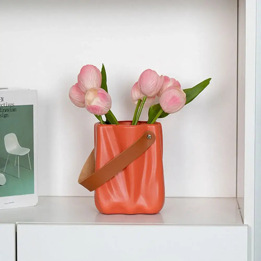 Chic ceramic vase cream textured flower pot living room with handle