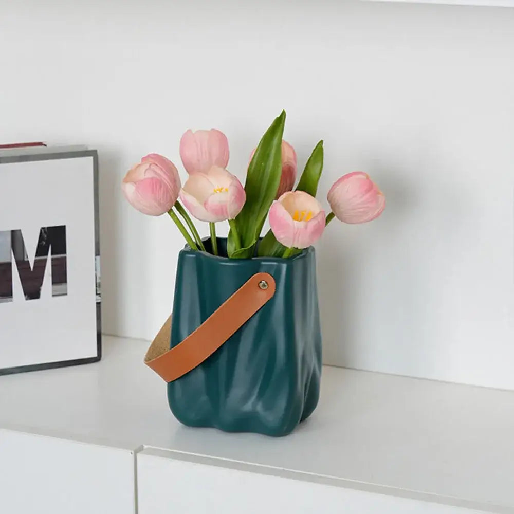 Chic ceramic vase cream textured flower pot living room with handle