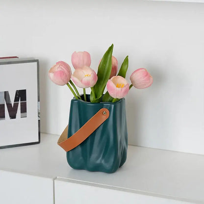 Chic ceramic vase cream textured flower pot living room with handle