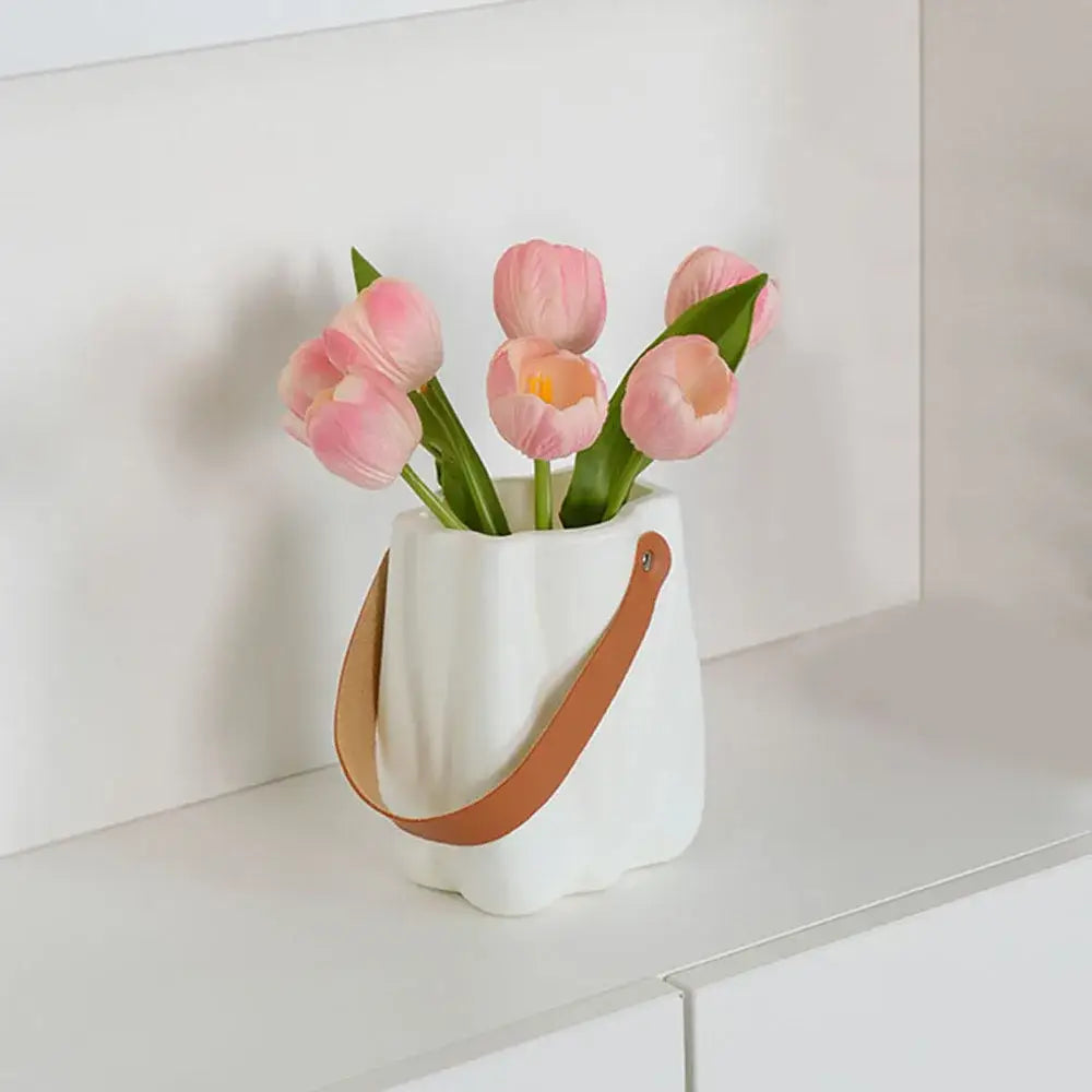 Chic ceramic vase cream textured flower pot living room with handle