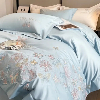 Chic embroidered light blue and gold bedding set bedroom decor