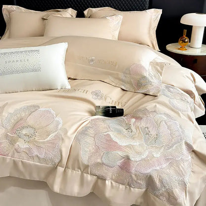 Chic embroidered light blue and gold bedding set bedroom decor