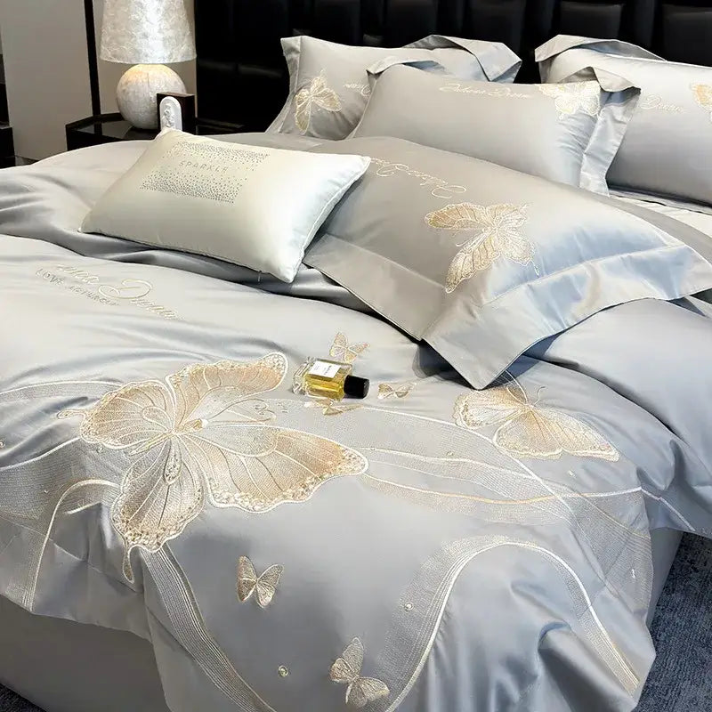 Chic embroidered light blue and gold bedding set bedroom decor
