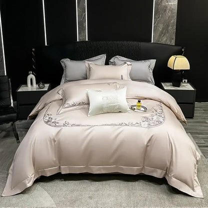 Chic flowers embroidery beige satin bedding set bedroom luxury cotton