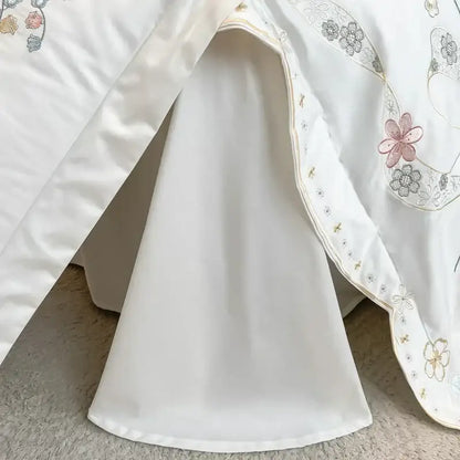 Chic flowers embroidery princess bedding set for bedroom white satin