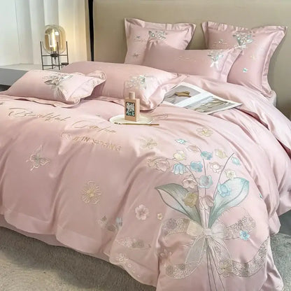 Chic flowers embroidery princess bedding set for bedroom white satin