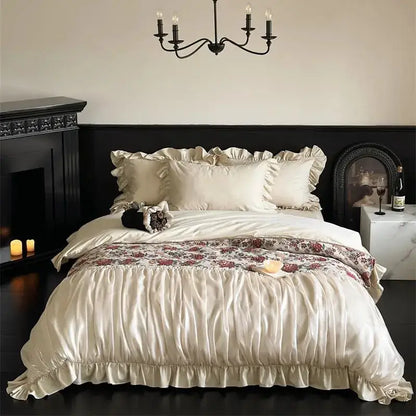 Chic cream flowers jacquard cotton bedding set for bedroom ruffles