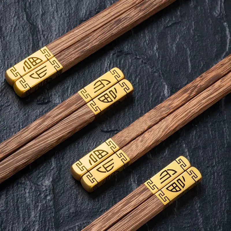 Elegant engraved gold and wood chopsticks set dining room decor