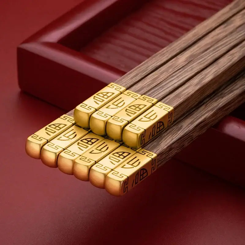 Elegant engraved gold and wood chopsticks set dining room decor