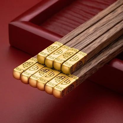 Elegant engraved gold and wood chopsticks set dining room decor