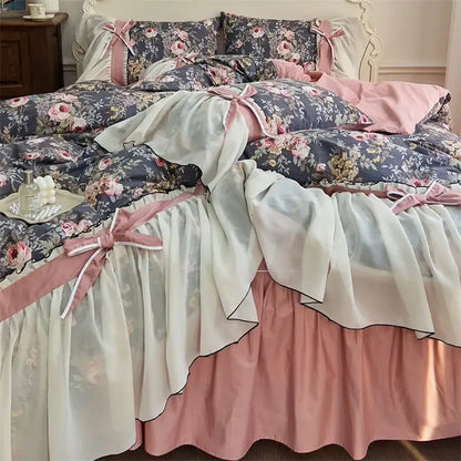 Princess pink & cream chiffon lace ruffles bedding set bedroom