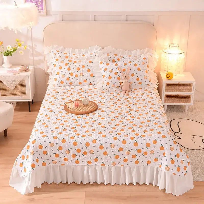 Floral light blue quilted bed spread set bedroom chiffon quilted bed