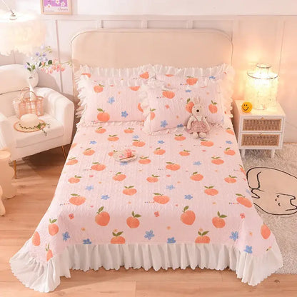 Floral light blue quilted bed spread set bedroom chiffon quilted bed