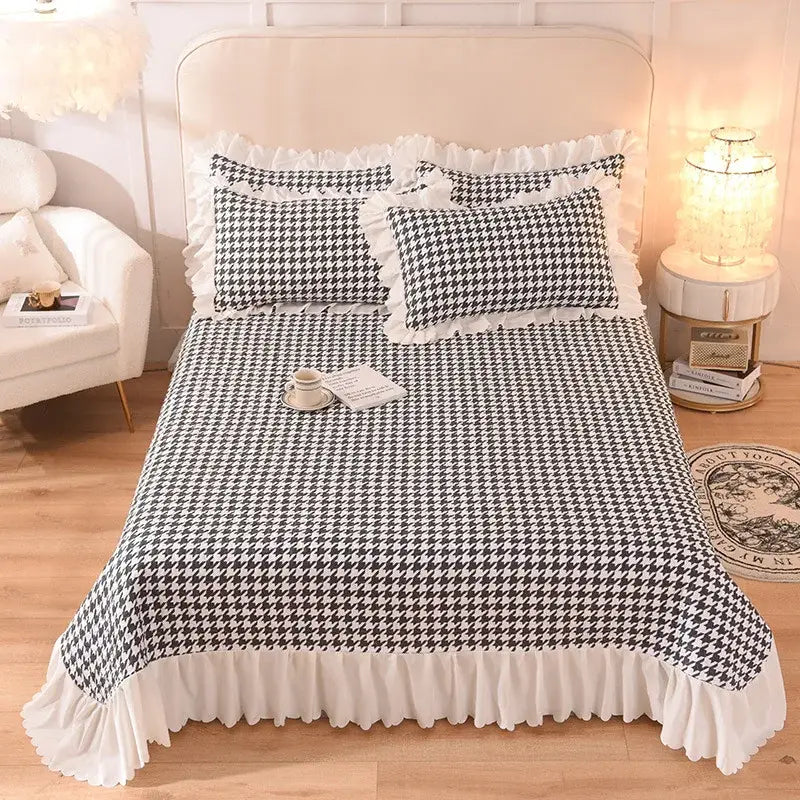 Floral light blue quilted bed spread set bedroom chiffon quilted bed
