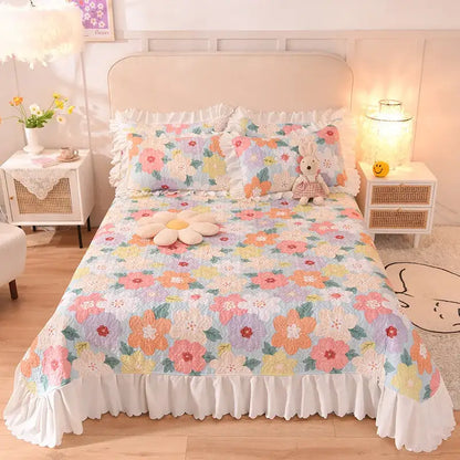 Floral light blue quilted bed spread set bedroom chiffon quilted bed