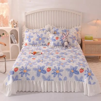 Floral light blue quilted bed spread set bedroom chiffon quilted bed