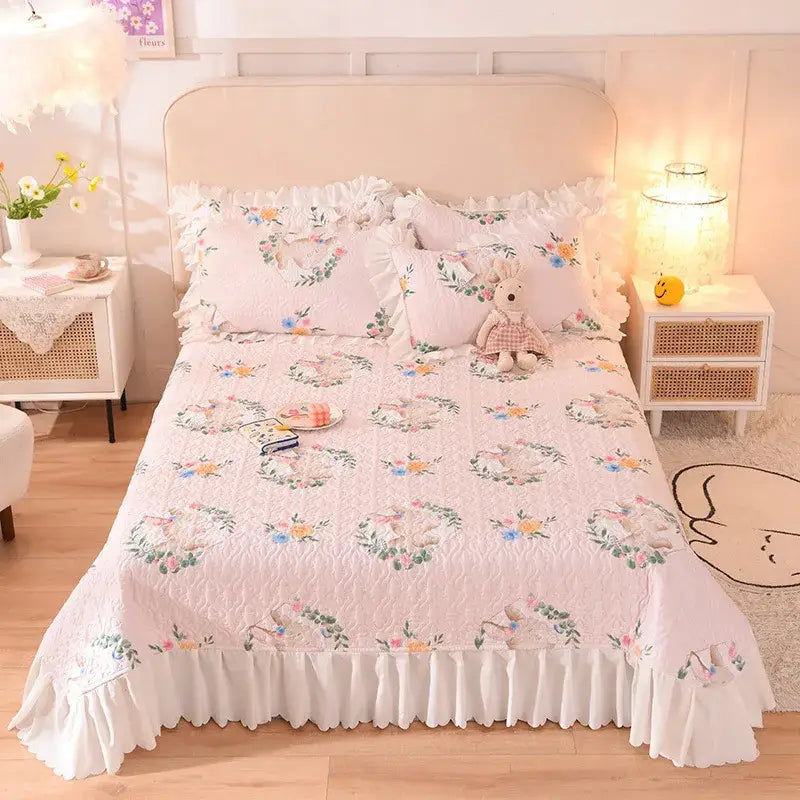 Floral light blue quilted bed spread set bedroom chiffon quilted bed