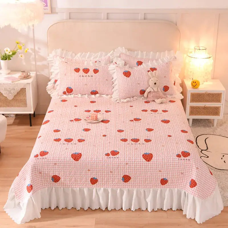 Floral light blue quilted bed spread set bedroom chiffon quilted bed