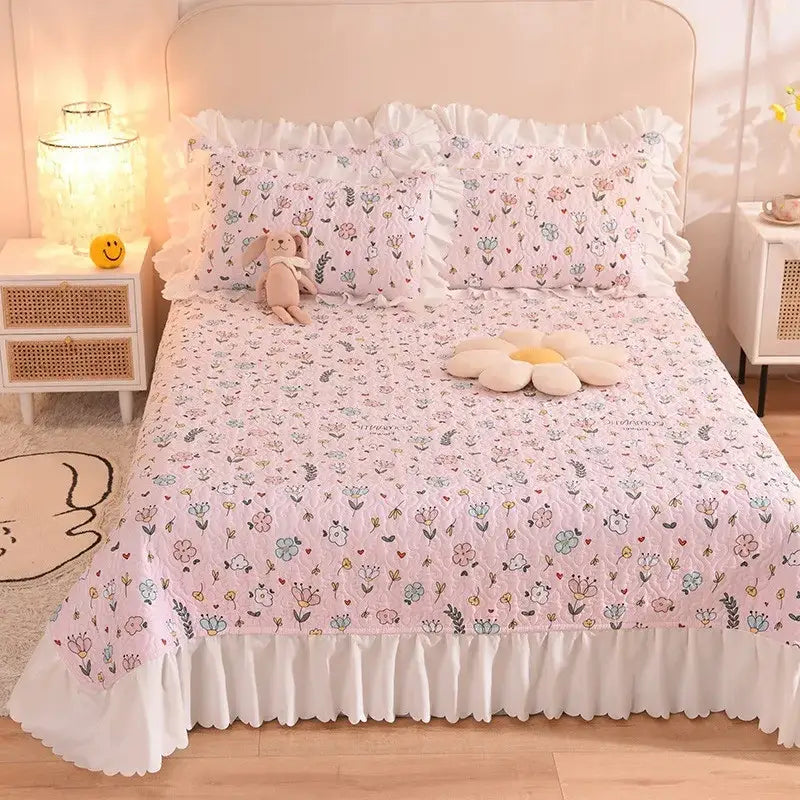 Floral light blue quilted bed spread set bedroom chiffon quilted bed