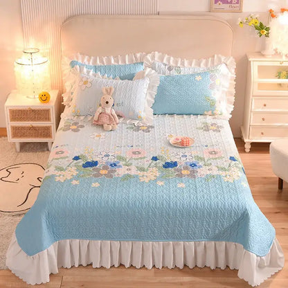 Floral light blue quilted bed spread set bedroom chiffon quilted bed