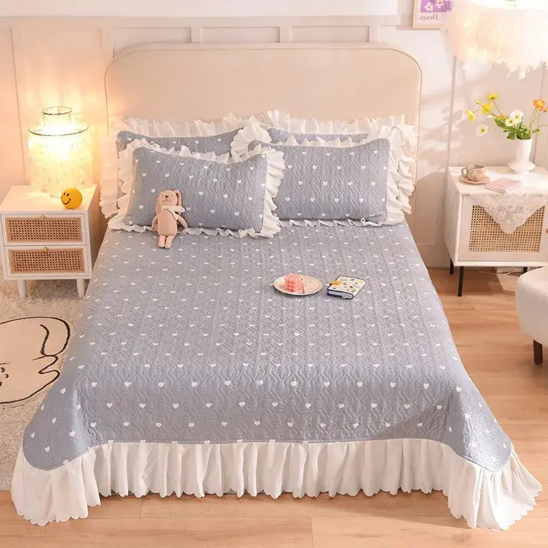 Floral light blue quilted bed spread set bedroom chiffon quilted bed
