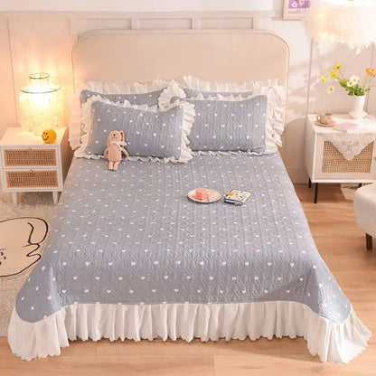 Floral light blue quilted bed spread set bedroom chiffon quilted bed