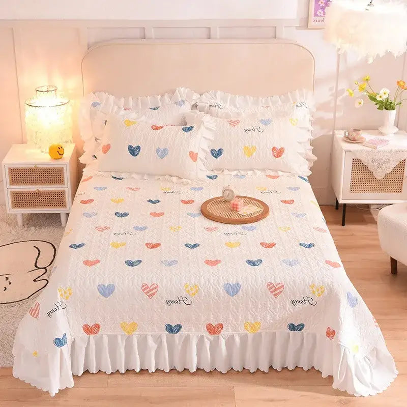 Floral light blue quilted bed spread set bedroom chiffon quilted bed