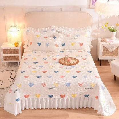 Floral light blue quilted bed spread set bedroom chiffon quilted bed