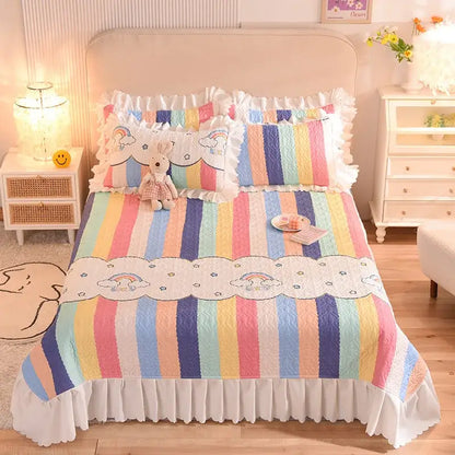 Floral light blue quilted bed spread set bedroom chiffon quilted bed