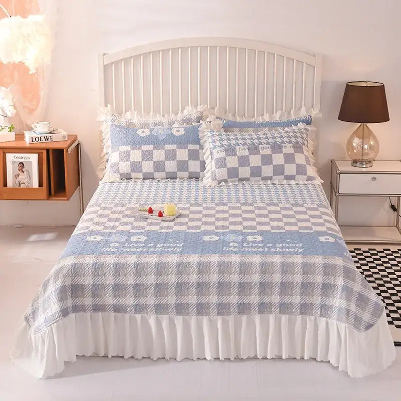 Floral light blue quilted bed spread set bedroom chiffon quilted bed