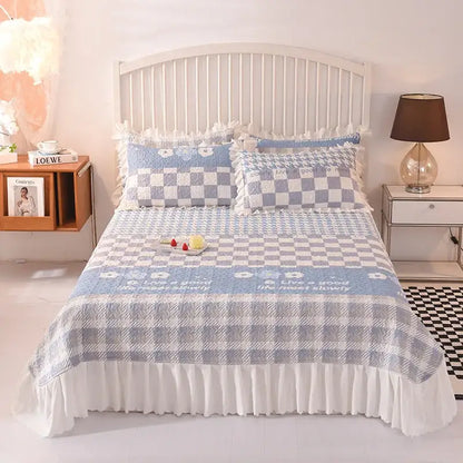 Floral light blue quilted bed spread set bedroom chiffon quilted bed