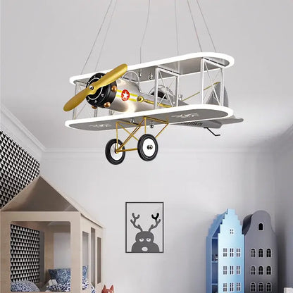 Yellow & silver biplane aircraft led chandelier for boys bedroom